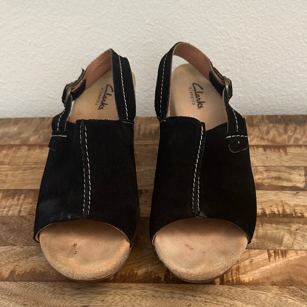 Clarks Elements Women's Black Suede Cork Wedge Shoes Sandals Ankle Strap Size 9